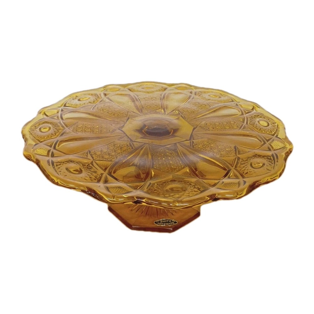 Vintage L.E. Smith Glass Quintec Amber Pedestal Cake Stand 11" diameter MCN